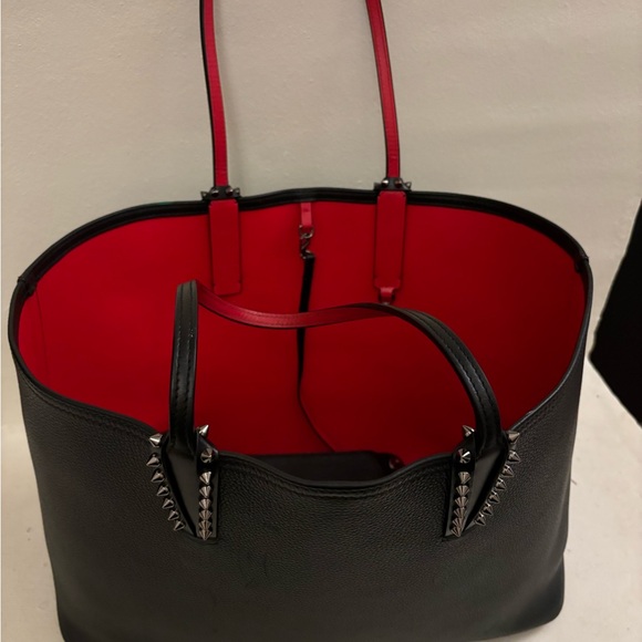 Black Tote Bag with Red Interior and Studded Handles - Picture 2 of 8